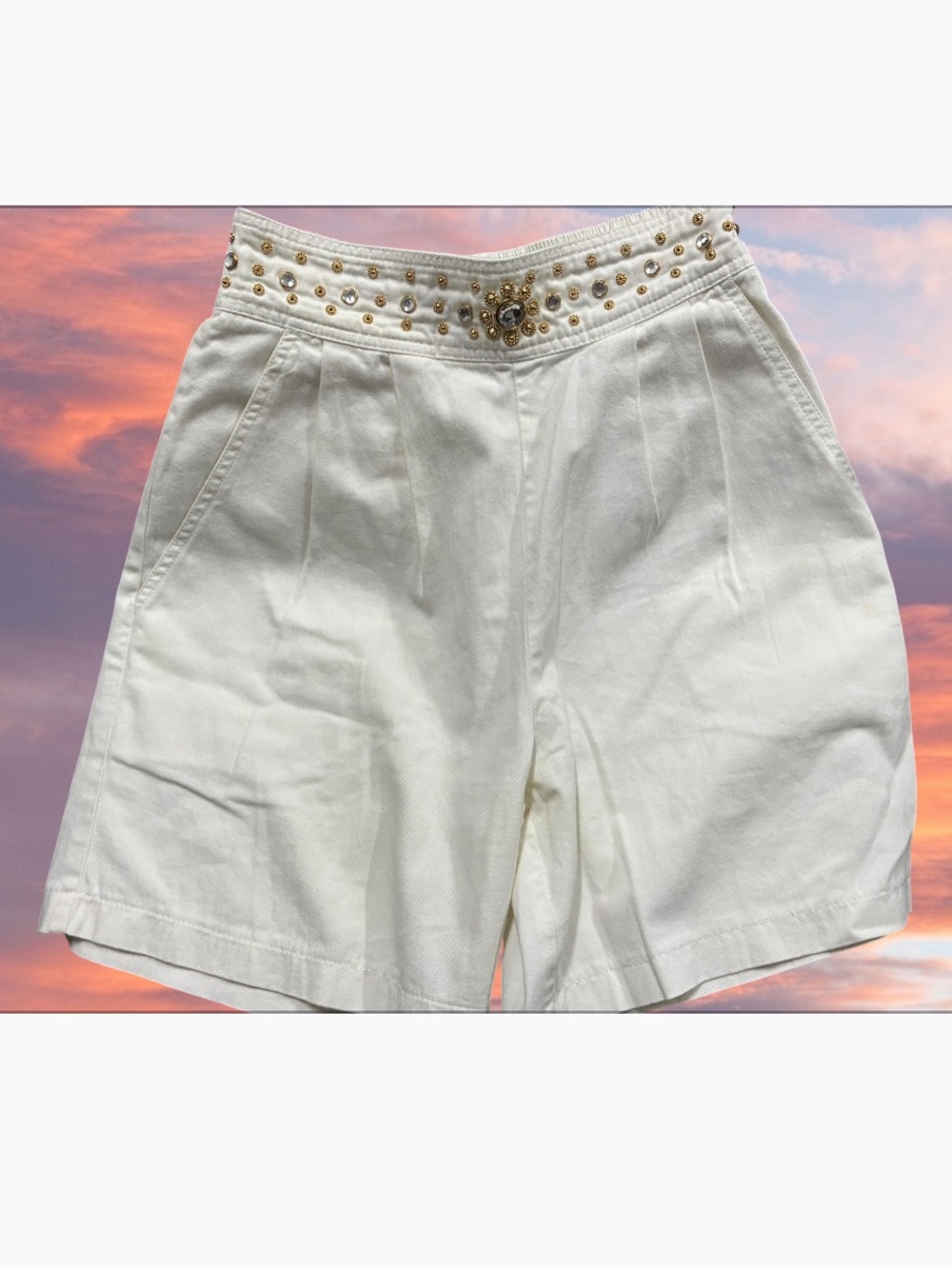 RIO Inc White High Waisted Shorts Large | Gold Crystal Embellished Y2K